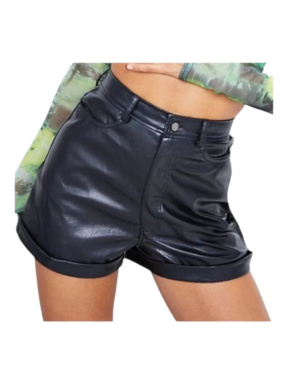 NWOT PrettyLittleThing High Waisted Black Faux Leather Turn Up Hem Hot Pants - 8
